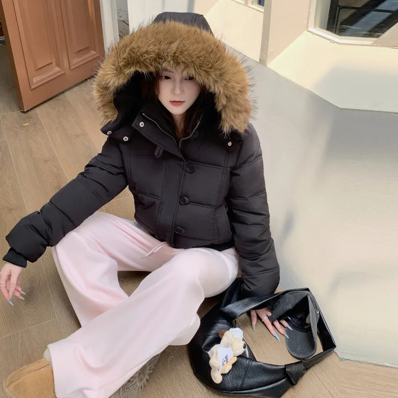 Grande gola de pele com capuz curto roupas de algodão cor sólida manga comprida zíper acolchoado casaco chique engrossado quente amassado jaqueta