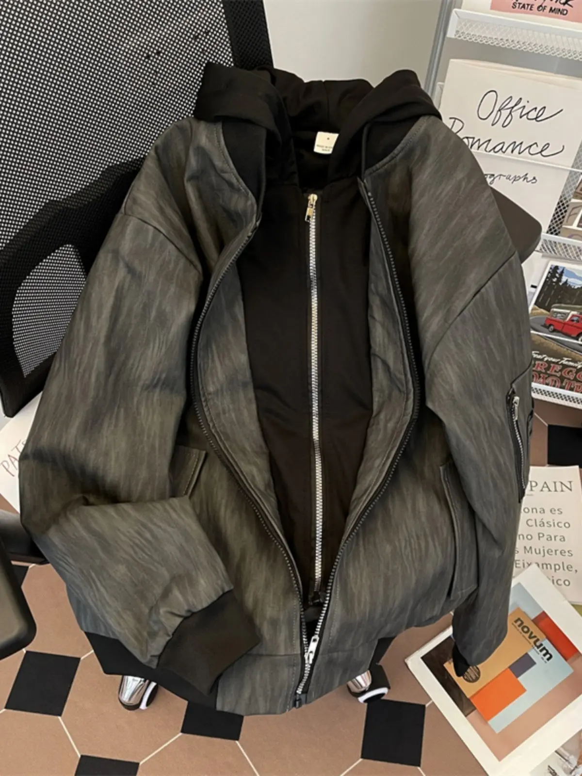 Unisex Spring Fall Vintage Baseball Jacket Oversized Faux Leather Hooded Fake 2pcs Coat Loose Short PU Texture Outerwear