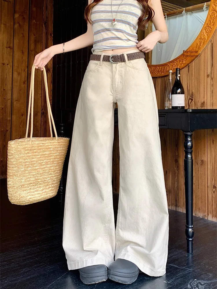 

American Style Khaki Vintage Wide Leg Jeans Women Summer Lazy Casual Low Waist Loose Slimming Floor Length Straight Leg Pants