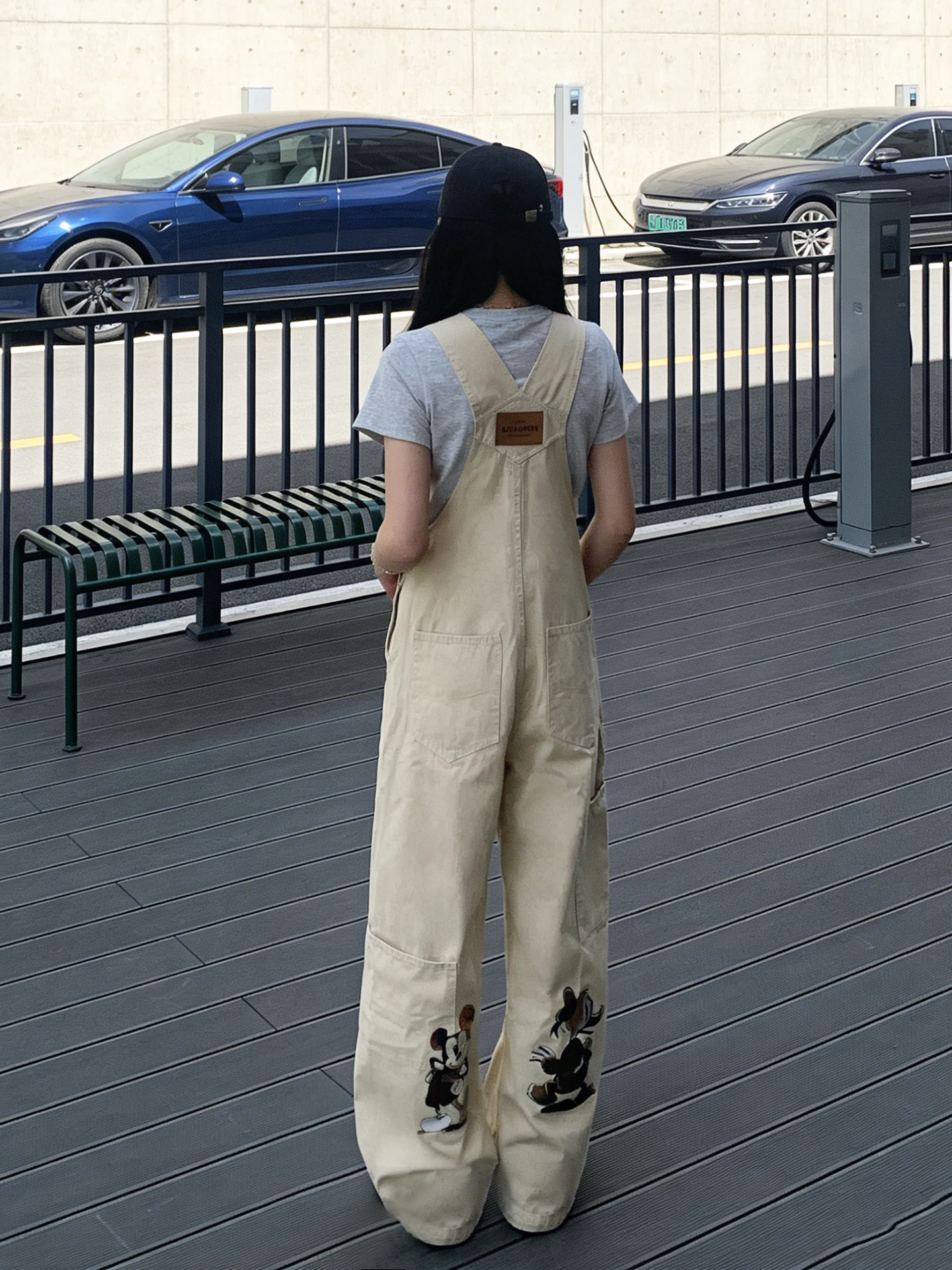 

American Khaki Miey Print Cartoon Denim Overalls Women Summer Loose Slimming One-Piece Pants High Waist Wide Leg Commute Sle