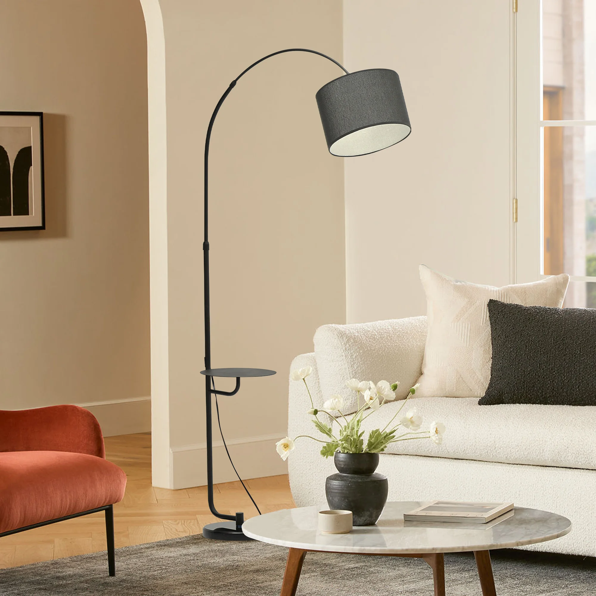 Black Arched Floor Lamp with Metal Tray and Marble Base