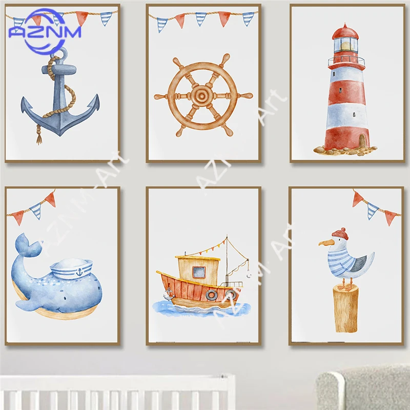 Акварельные-постеры-с-морскими-мотивами-лодка-якорь-маяк-картины-на-холсте-для-детской-комнаты-мальчика-декор-для-дома-куадросы