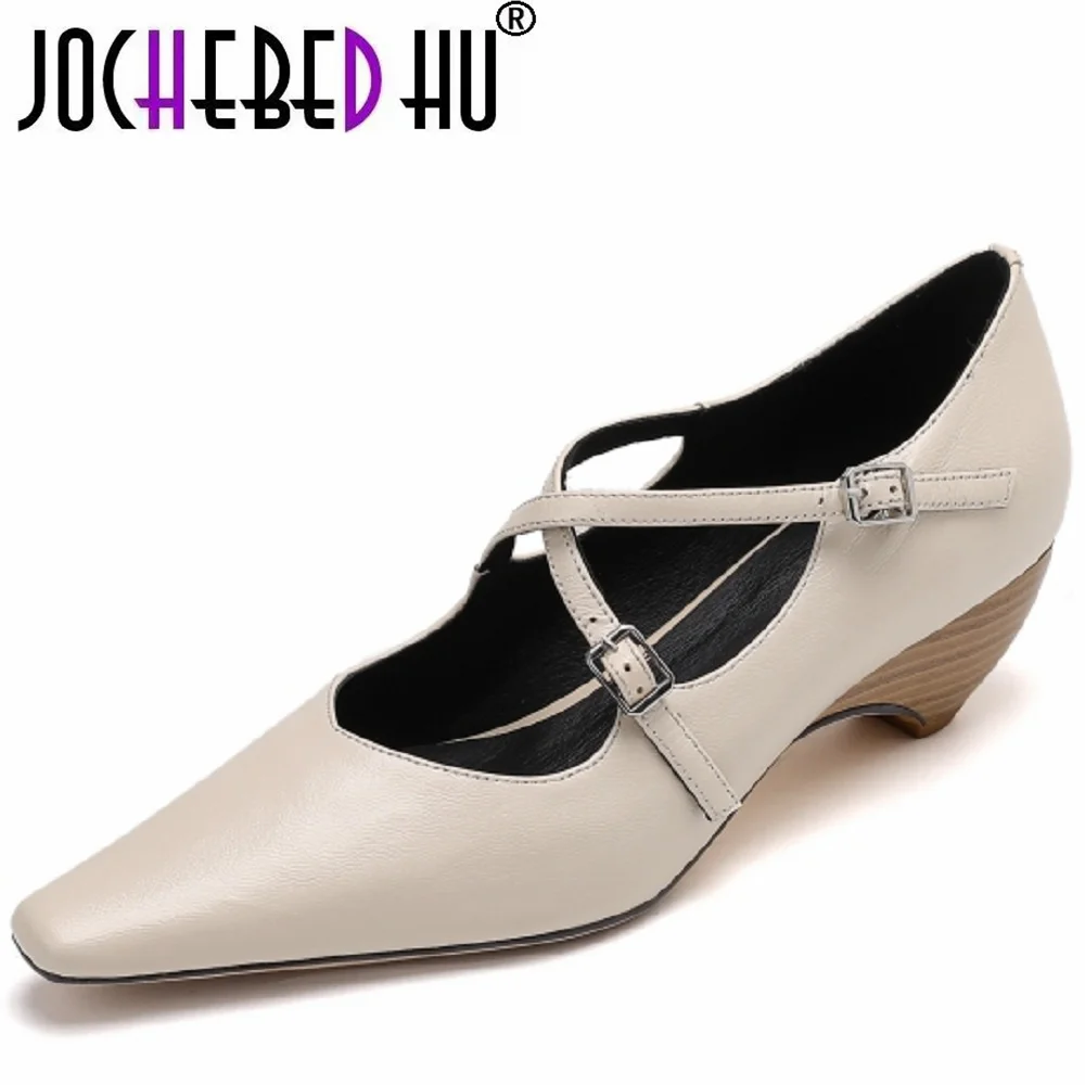 

【JOCHEBED HU】New Handmade Women Genuine Leather Pumps Thick High Heels Buckles Party Wedding Shoes Mary Jane Pumps Shoes