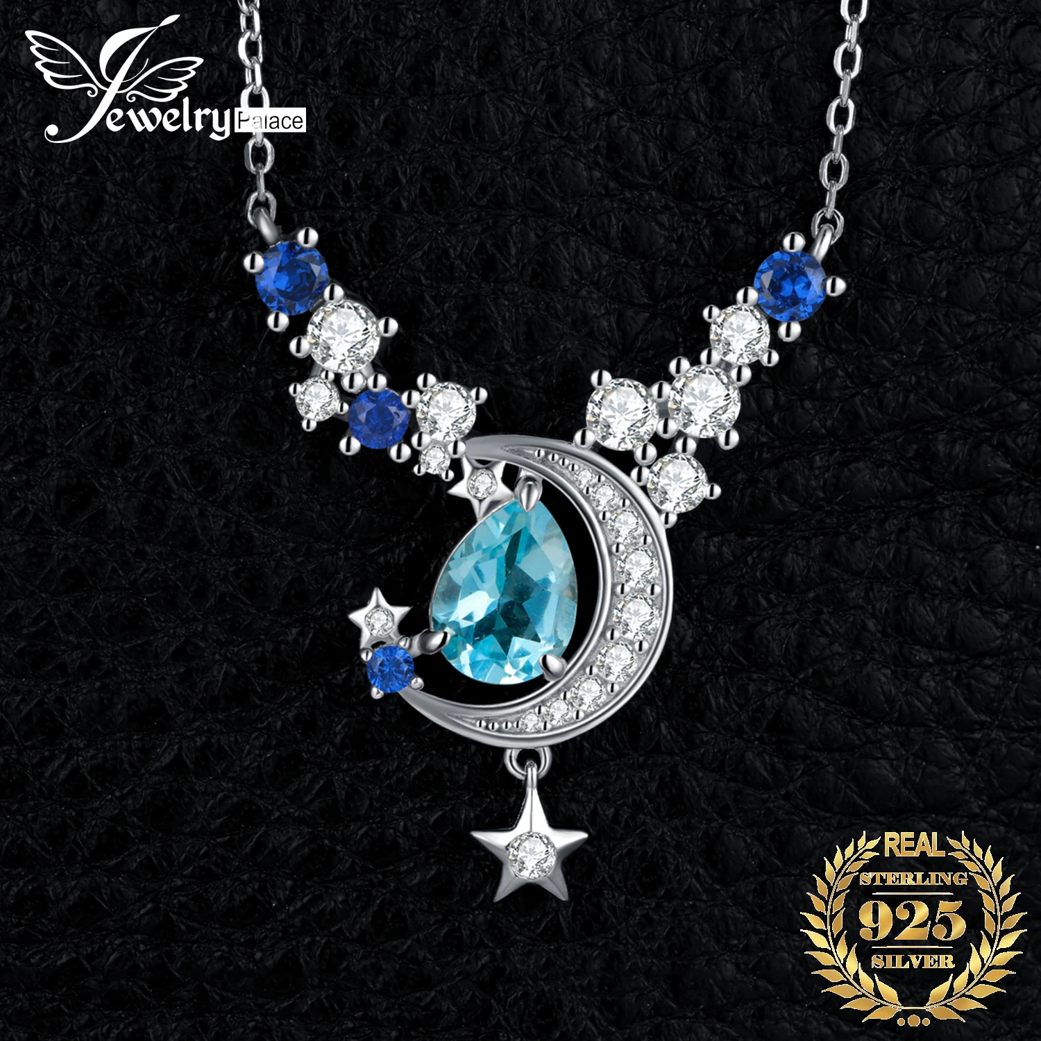 JewelryPalace New Moon Star 4.5ct Genuine Sky Blue Topaz Created Sapphire 925 Sterling Silver Pendant Necklace for Woman 45cm