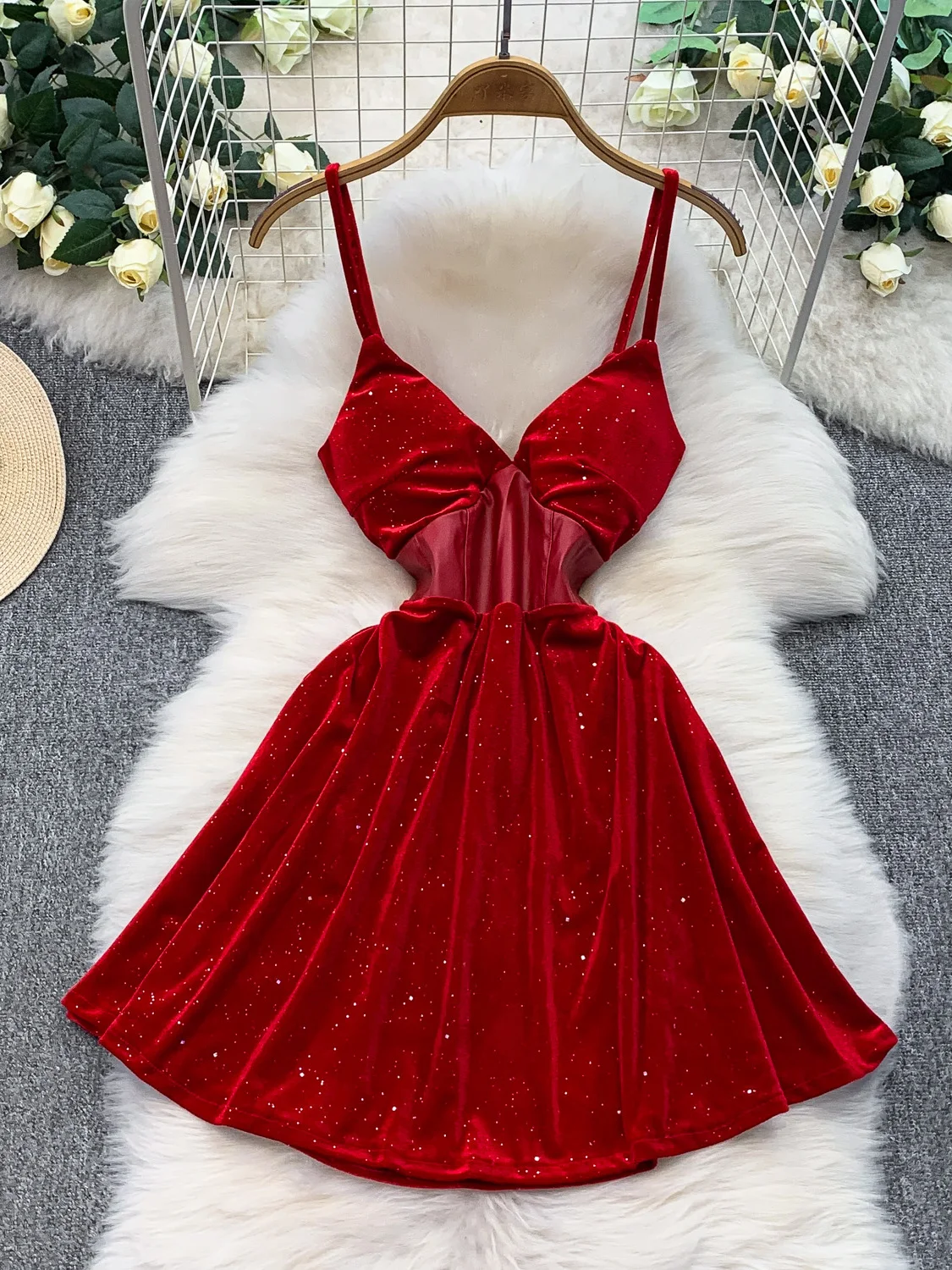 Velluto con paillettes scozzese Vita snellente V-Ne Strapl Dr French Sle Vita alta Gonna a trapezio Abito anti-pilling senza maniche