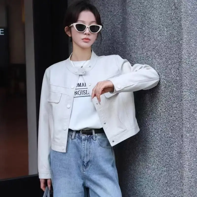 Vintage Short PU Leather Jacket Women Spring Autumn Stand-up Collar Long Sleeve Outerwear Casual Loose Motorcycle Leather Coat