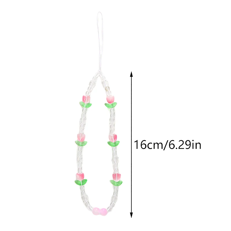 Simple Tulip Shape Flower Beaded Phone Chain Lanyard Anti Lost Rope Sweet Cellphone Jewelry Accessory For Telephone Lanyard