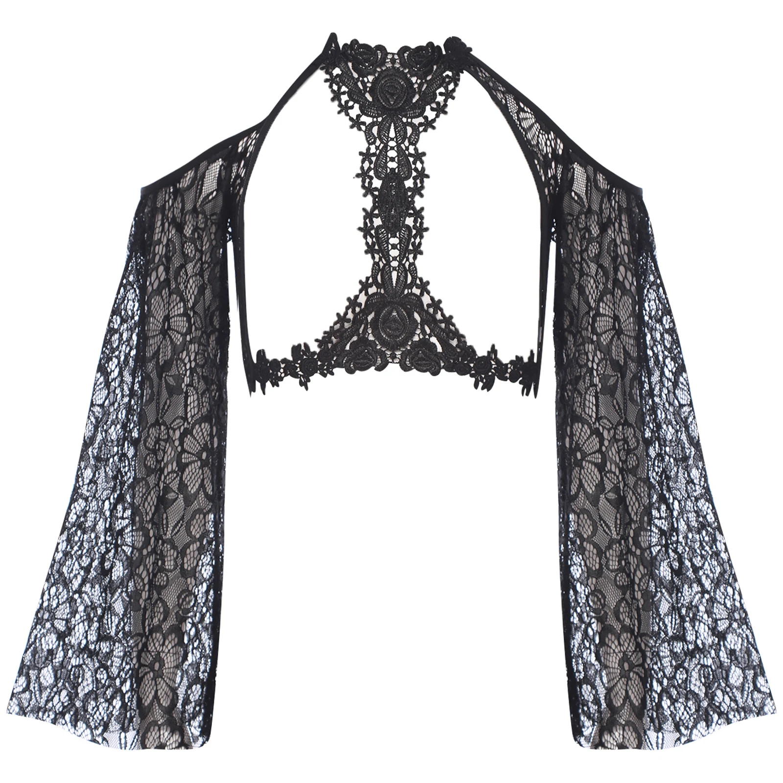 

Women Lingerie Lace See Through Crop Tops Long Sleeve Breast Hollow Out Crop Top Cardigan Bolero Shrug for Witch Vampire Cosplay