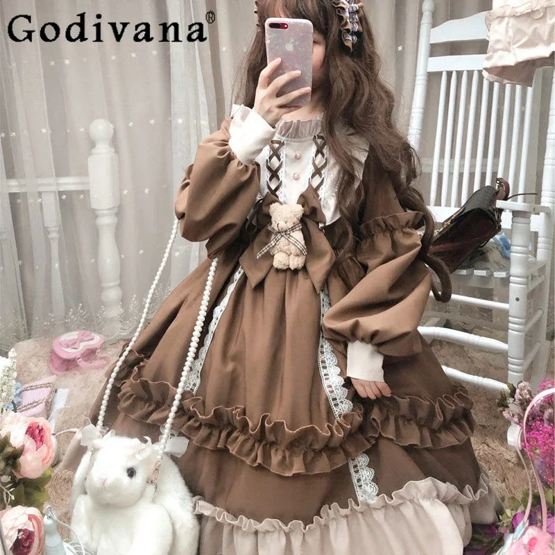 Autumn and Winter New Lolita Princess Dress for Women Girls Sweet Cute Bow Bear Ruffle Edge Student Kawaii Long-sleeved Dress