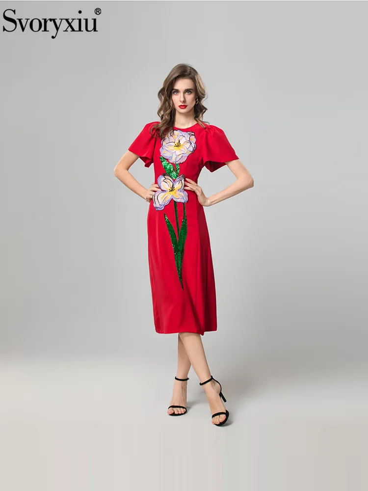 

Svoryxiu Fashion Runway Summer Party Red Elegant Knee-Length Dress Women's O-Neck Short Sleeve Floral Embroidery Sequins Dresses