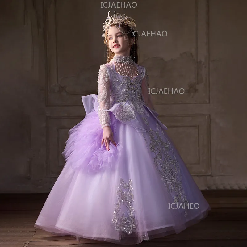 

2026 Girls Formal Dress Children Purple Long Princess Gown Host Flower Girl Piano RunwayPerformance Pageant CostumeBirthday