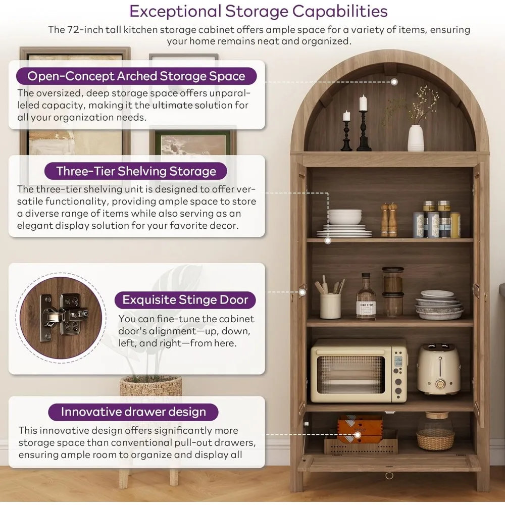 TYBOATLE 71 خزانة مخزن مقوسة طويلة مع درج مبتكر، خزانة مطبخ مع جهاز مضاد للرطوبة وباب زجاجي، متعددة الاستخدامات