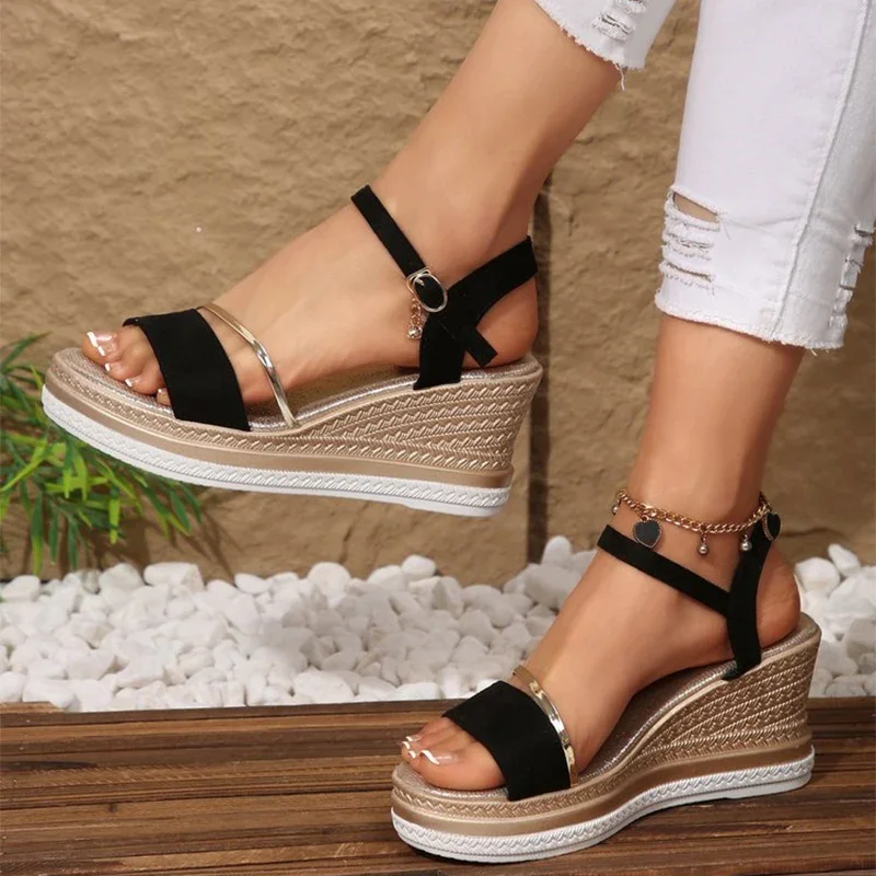

Summer Women Shoes Sued Metal Bars Wedge Sandals for Women Open Toes Roman Sandalias Platform Adjustable Strap Shoes Woman Slide