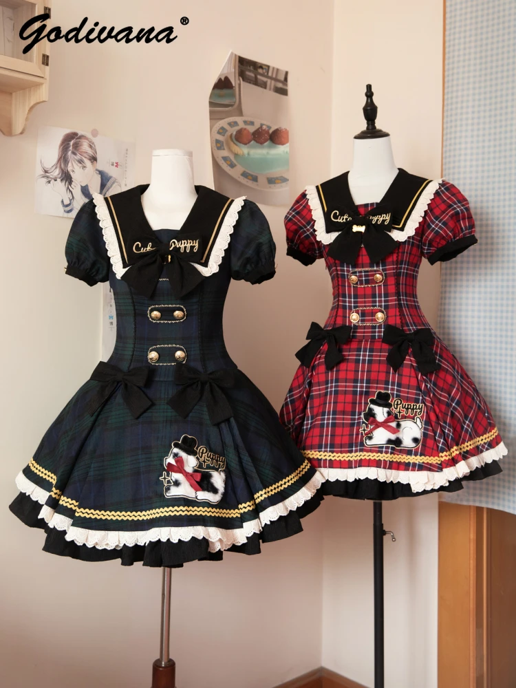 Original New Summer Girls Cute Plaid Lolita Dress Small Lapel Slim Puff Sleeve Women's Short A-line Dresses