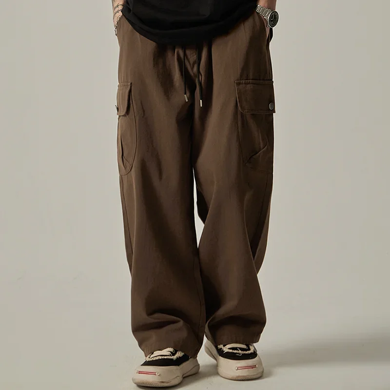 

Men's Cargo Pants Y2K Spring Autumn Vintage Japanese Wide Leg Straight Loose Button Big Pockets Sweatpants Drawstring Trousers