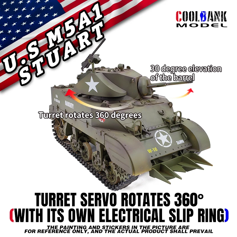 Coolbank RC Tank 1/16 USA Stuart M5A1 Isoscale simulation model Open the cannon barrel retractable Tank Toys