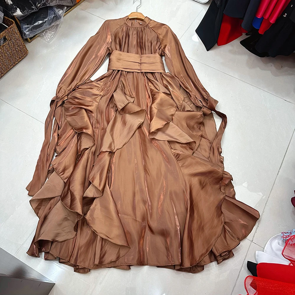TWOTWINSTYLE Fresh Gentle Solid Dresses For Women Round Neck Long Sleeve High Waist Elegant Ruffle Dress Female New KDR555609