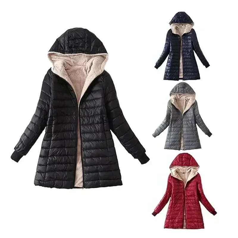 Women Winter Warm Lined Quilted Jacket Fuzzy Fleece Lightweight Zip Long Sleeve Hooded Coat with Pocket Fashion Coats Outwear