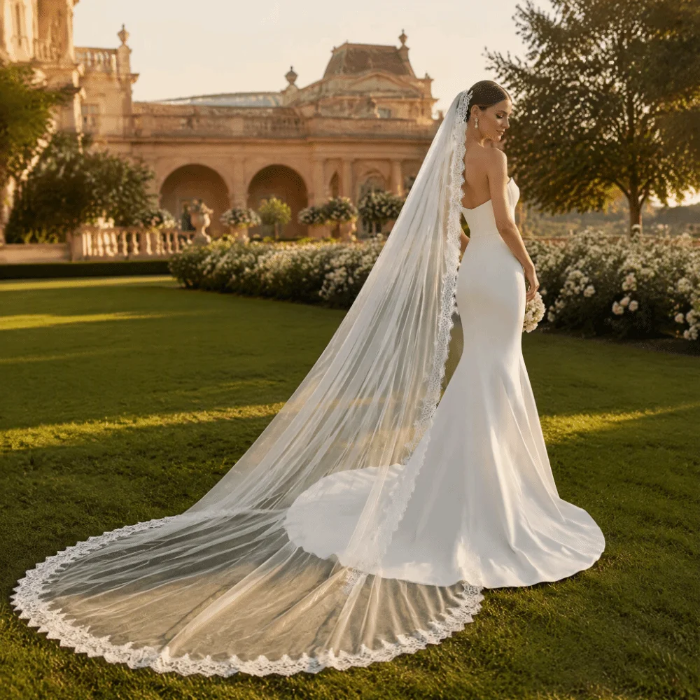 Elegant Long Wedding Veil with Comb Lace Edge Bridal Headscarf Vintage Style Tailed Wedding Dress Bridal Veil Party