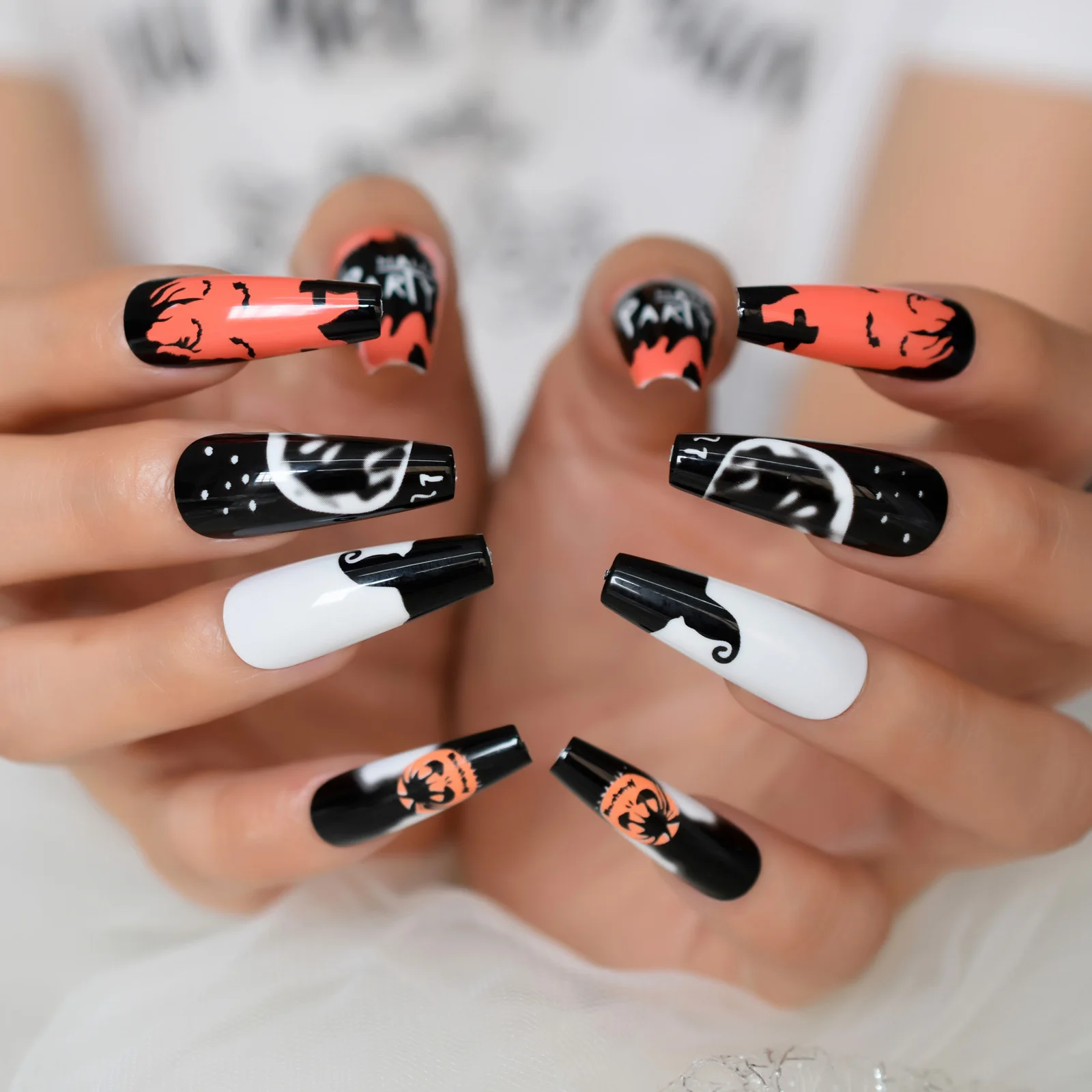 Harajuku style Press On Nails Black White Orange Mix Color Halloween Cute Ballerina Fake Nails