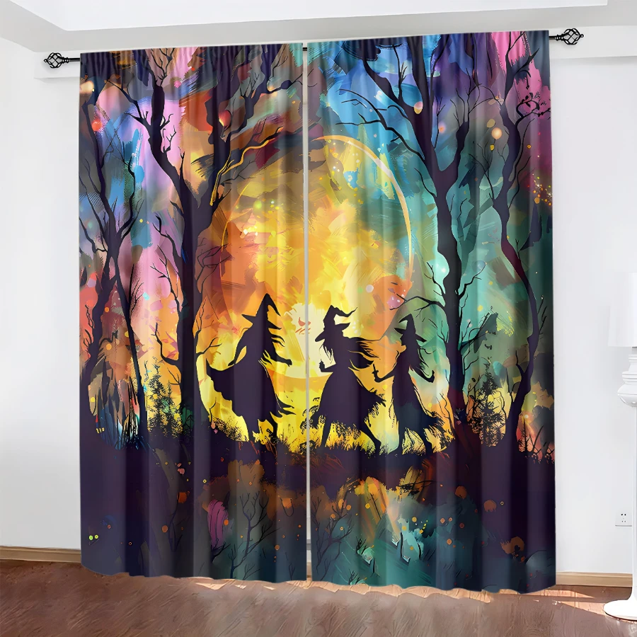 2PCS Digital Printed Curtains, Pumpkin Ghost Pattern, Spooky Halloween Style Rod Pocket Drapes for Bedroom Living Room Decor