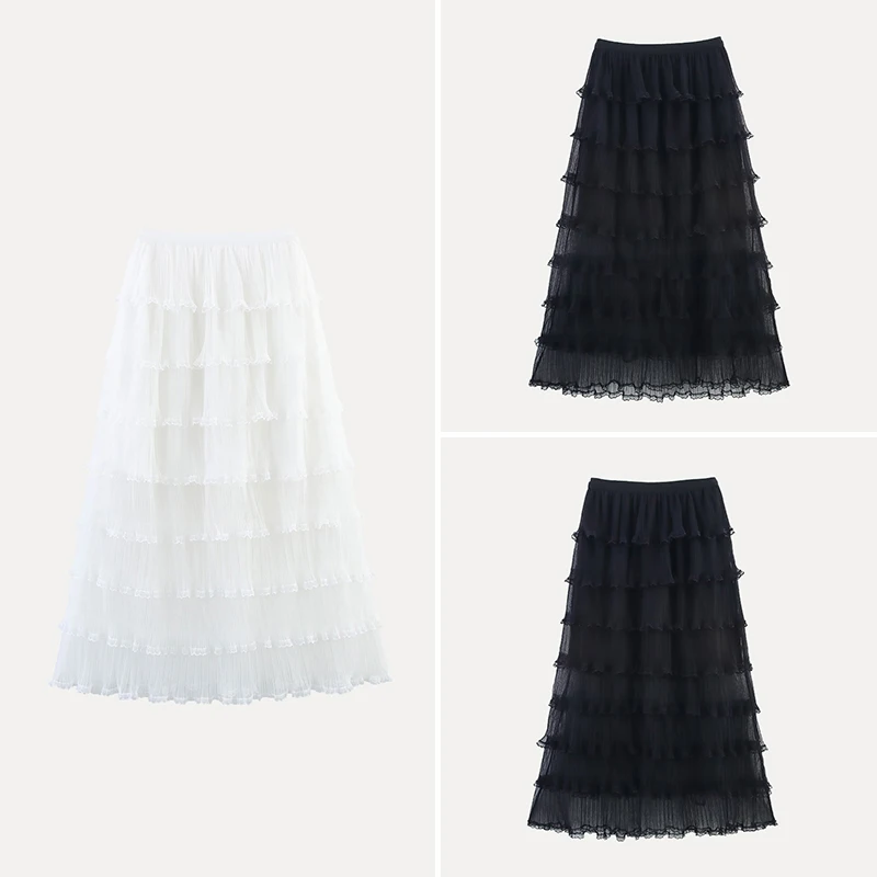 

Spring 2025 New Sle Women's Ruffle Lace Tulle Cake Skirt Midi Long Skirt Polyester Fiber 00% Versatile mid Waist Design