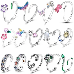 Real 925 Sterling Silver Feather Butterfly Flower Sun Moon Animal Original Design Open Rings Fit For Wedding Party Fine Jewelry