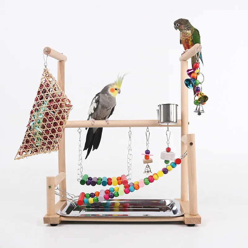 Wooden Parrot Stand Bird Playground Parrot Playstand Multi Toy Combination Interactive Training Frame Bird Shelf Standing Stick
