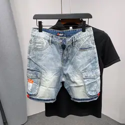 Short Jeans Pants for Men with Text Pockets Graphic Original Man Denim Shorts Distressed Stretch Thin Buttons Streetwear Summer