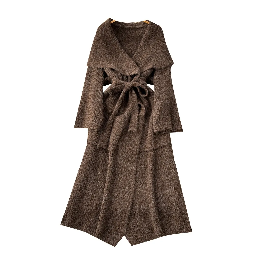 SuperAen Loose Casual Cardigan Coats for Women 2025 Winter New Lace-up Waist Large Turn-down Collar Knitted Dresses