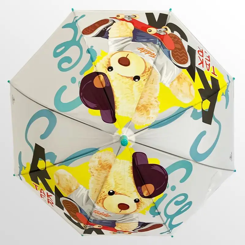 

New teddy bear cartoon children's automatic long handle matte transparent umbrella reinforced thickened wind resistance