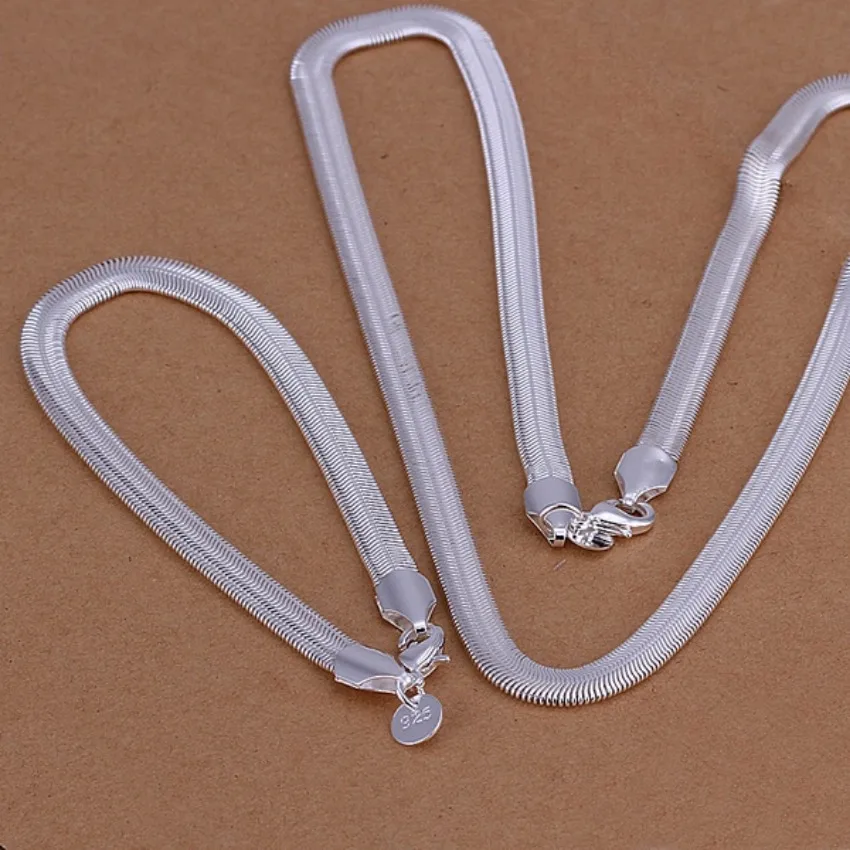 

Wholesale 925 Sterling Silver Necklace Bracelets Jewelry Set 6MM Flat Soft Snake Chain Fashion Women Mens Wedding