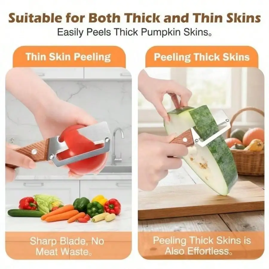 Stainless Steel Vegetable Peeler Wooden Handle Multi-functional Fruit Paring Knife with Bottle Opener 2PCS Durable Potato Carrot Melon Scraping Gadget view 7