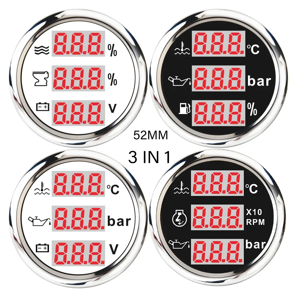 Rhaxel 52mm Cars SUV Vessels 3 in 1 Multifunction Digital Gauge Tachometer Water Fuel Level Holding Tank Oil Pressure Water Temp