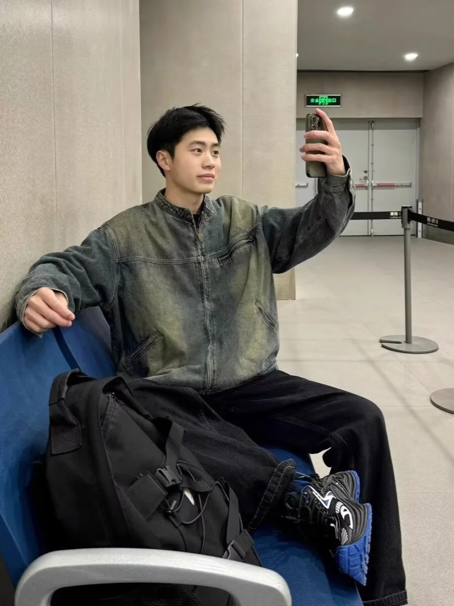 

Ретро-куртка из денима в американском стиле на молнии, мужская, весенне-осенняя, свободного кроя, рабочая, водонепроницаемая, молодежная, модная, с длинными рукавами, верхняя одежда