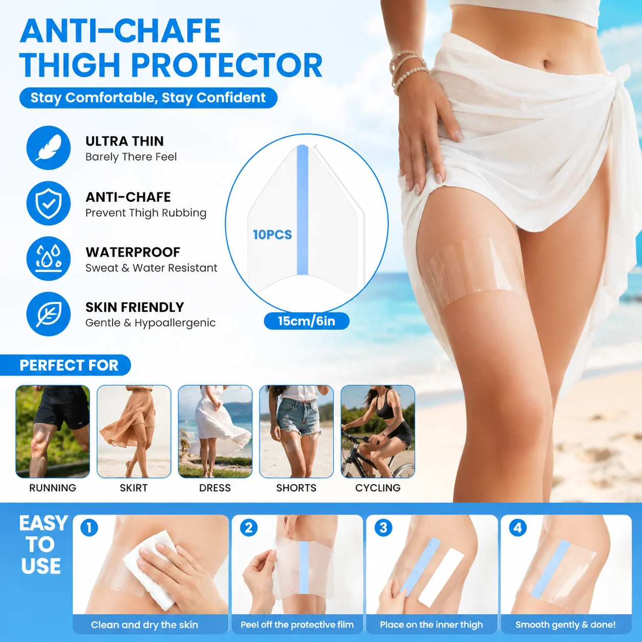 Invisible Inner Thigh Protection Patches, Transparent Anti-Chafing Tape for Women, Anti-Friction Stickers