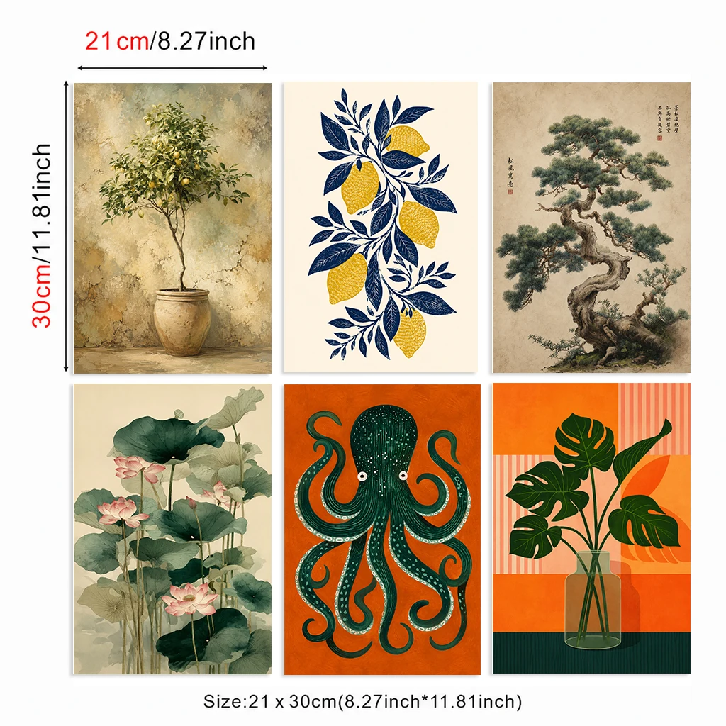 Set of 6 Eclectic Botanical Canvas Poster Potted Tree Lemon Branch Pine Lotus Octopus Monstera Vase Wall Decor Home Bedroom