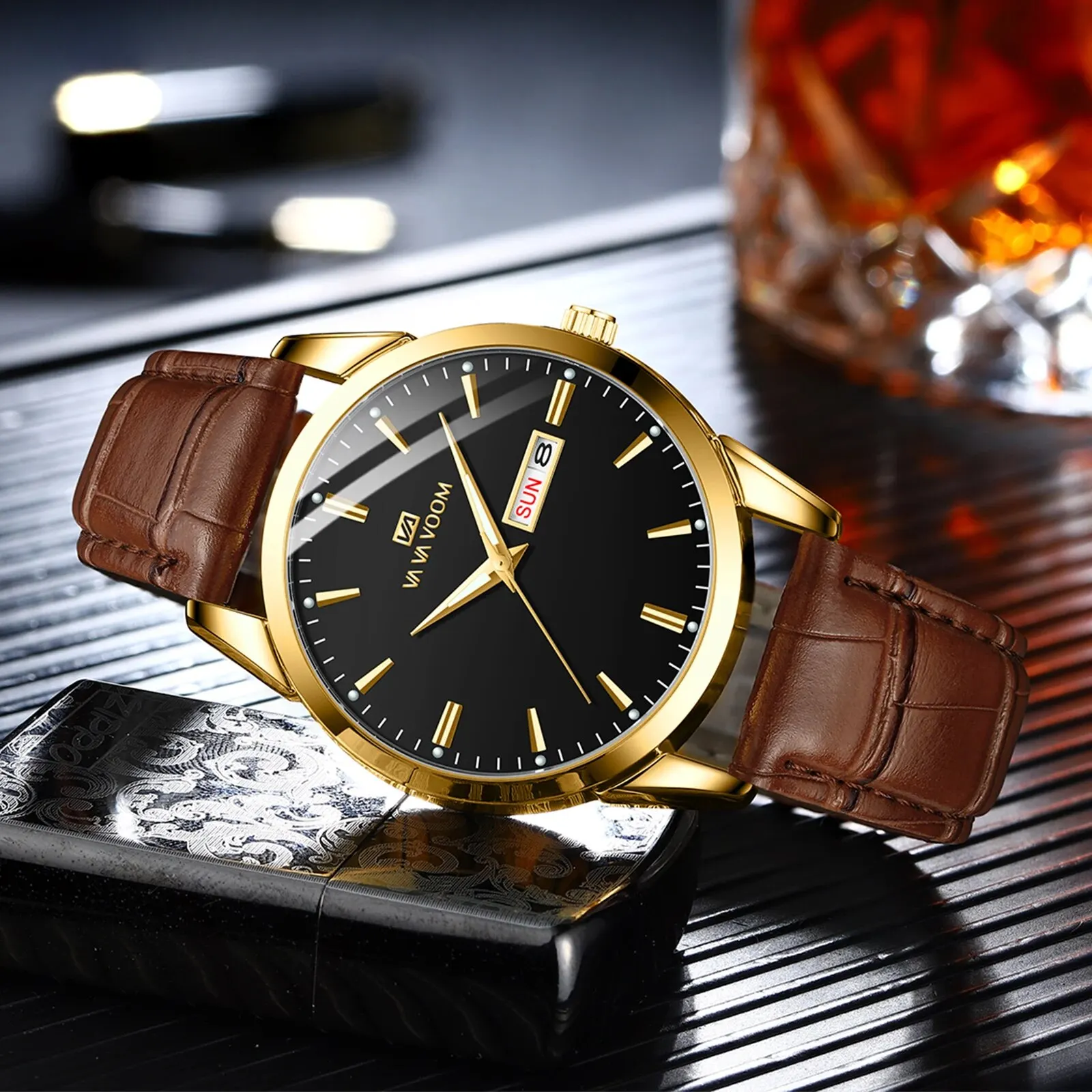 2023 New Men's Business Watch Classic British Style Leather Gold Black Casual Quartz Watch Luxury Glow Men Waterproof Wristwatch