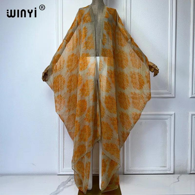 WINYI maxi kimono summer Perspective sexy Cardigan Boho print beach dress Kaftan bikini cover up Holiday beach outfits for women