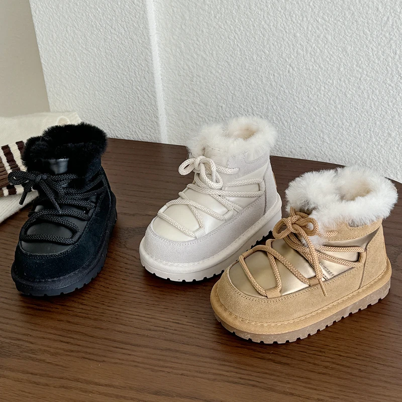 Fashion Winter Boots For Children Genuine Leather + Waterproof Cloth Sneakers Boots For Girl Winter Thick Warm Plush Baby Walker