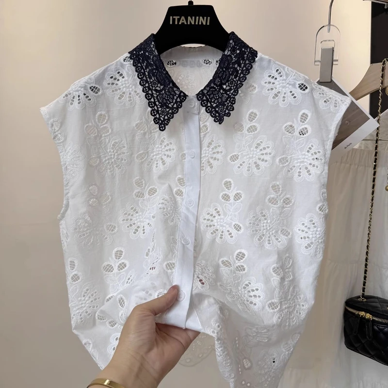 

Hollow Out Contrast Patchwork Elegant Blouse Summer New Short Sleeve Loose Short Vintage Shirt Tops Casual Fashion Women Clothes