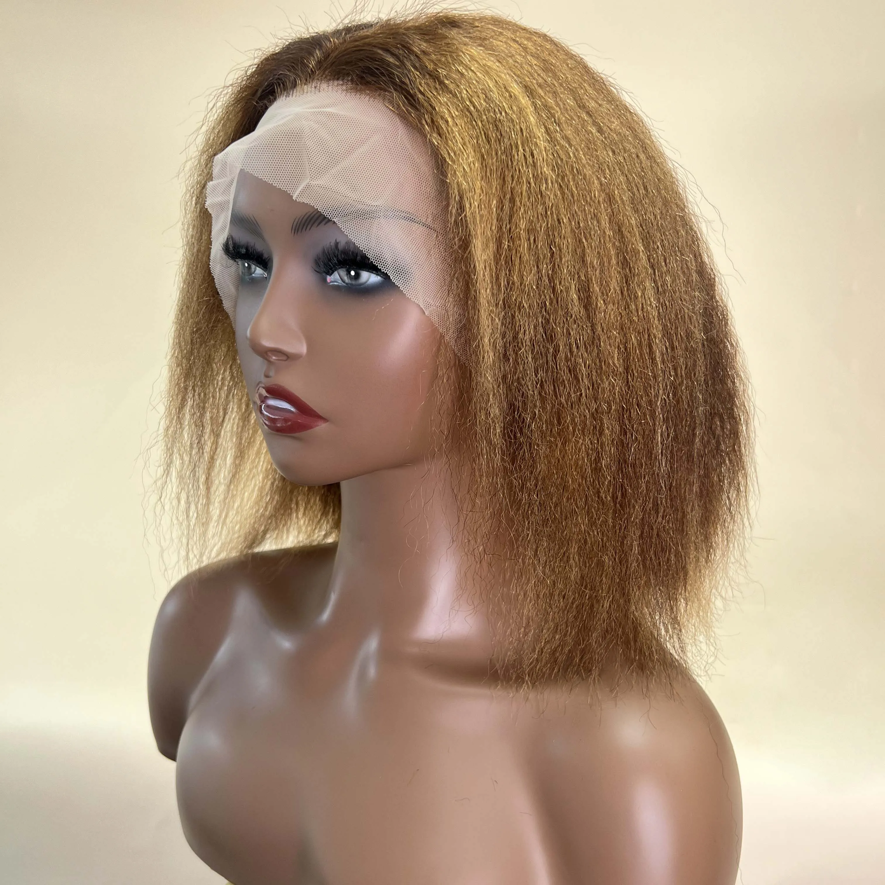 

Kinky Straight Human Hair Lace Front Wigs Brazilian 13x4 Lace Frontal Human Hair Wig For Women P4/27 Highlight Colored Hair 200%