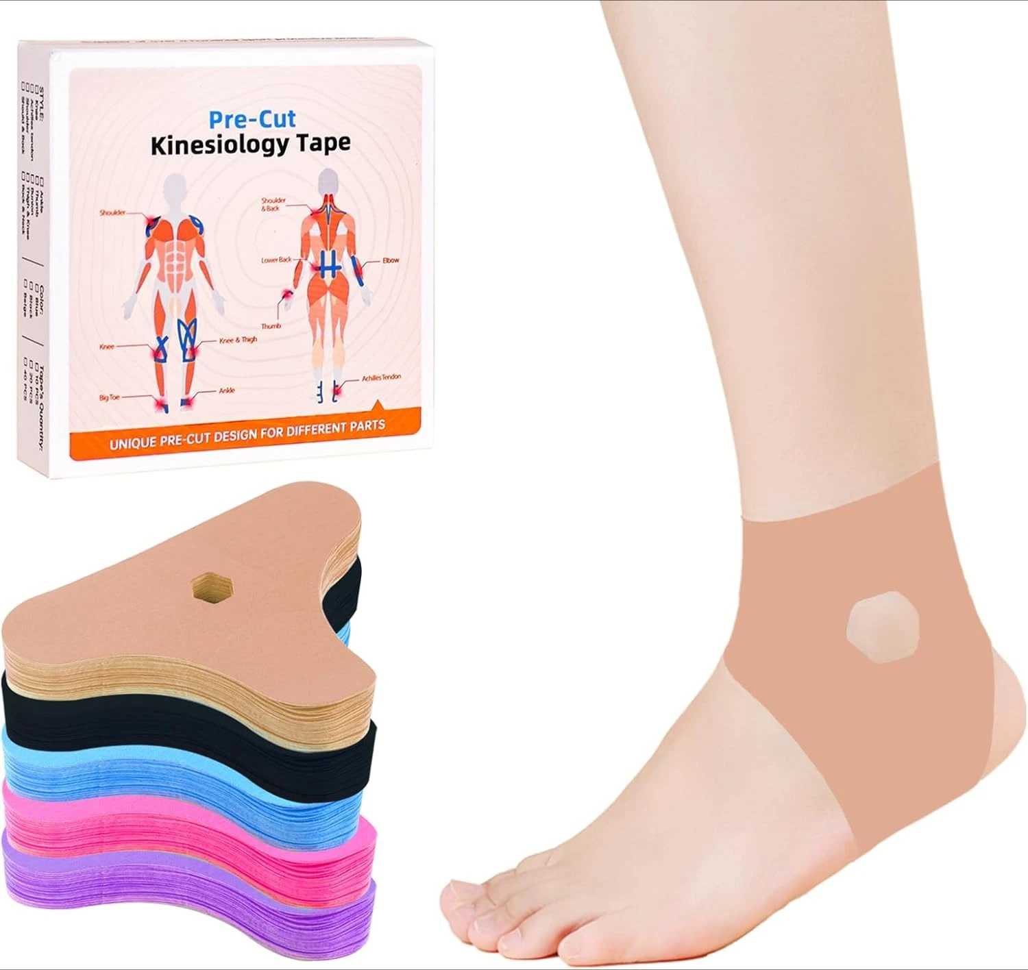 Precut Kinesiology Tape for Ankle 20Pcs - Ankle Support & Stability, Ankle Pain Relief - Waterproof  Elastic Breathable