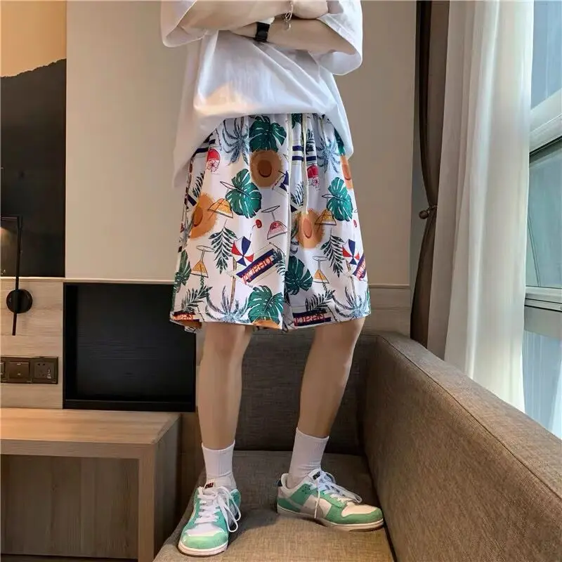 Men Beach Quick Dry Knee Length Shorts Tropical Print Loose Casual Loungewear Ins Ulzzang Oversize Holiday Plain Lounge Shorts