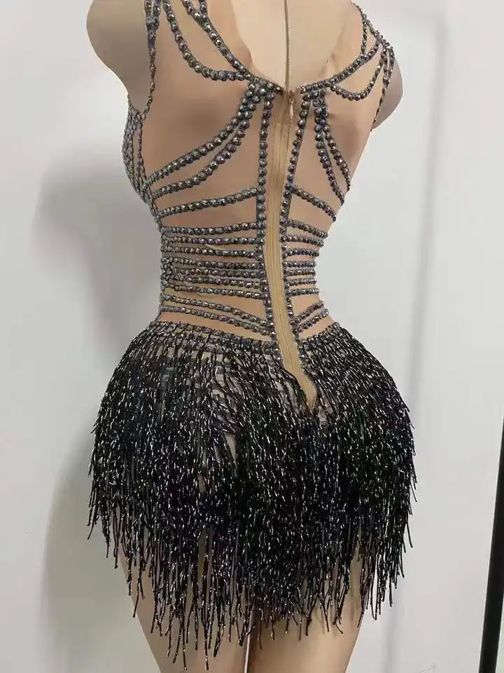 Body negro con borla de diamantes de imitación para mujer, traje de Festival Rave, leotardo ajustado sin mangas, traje de baile para actuación en