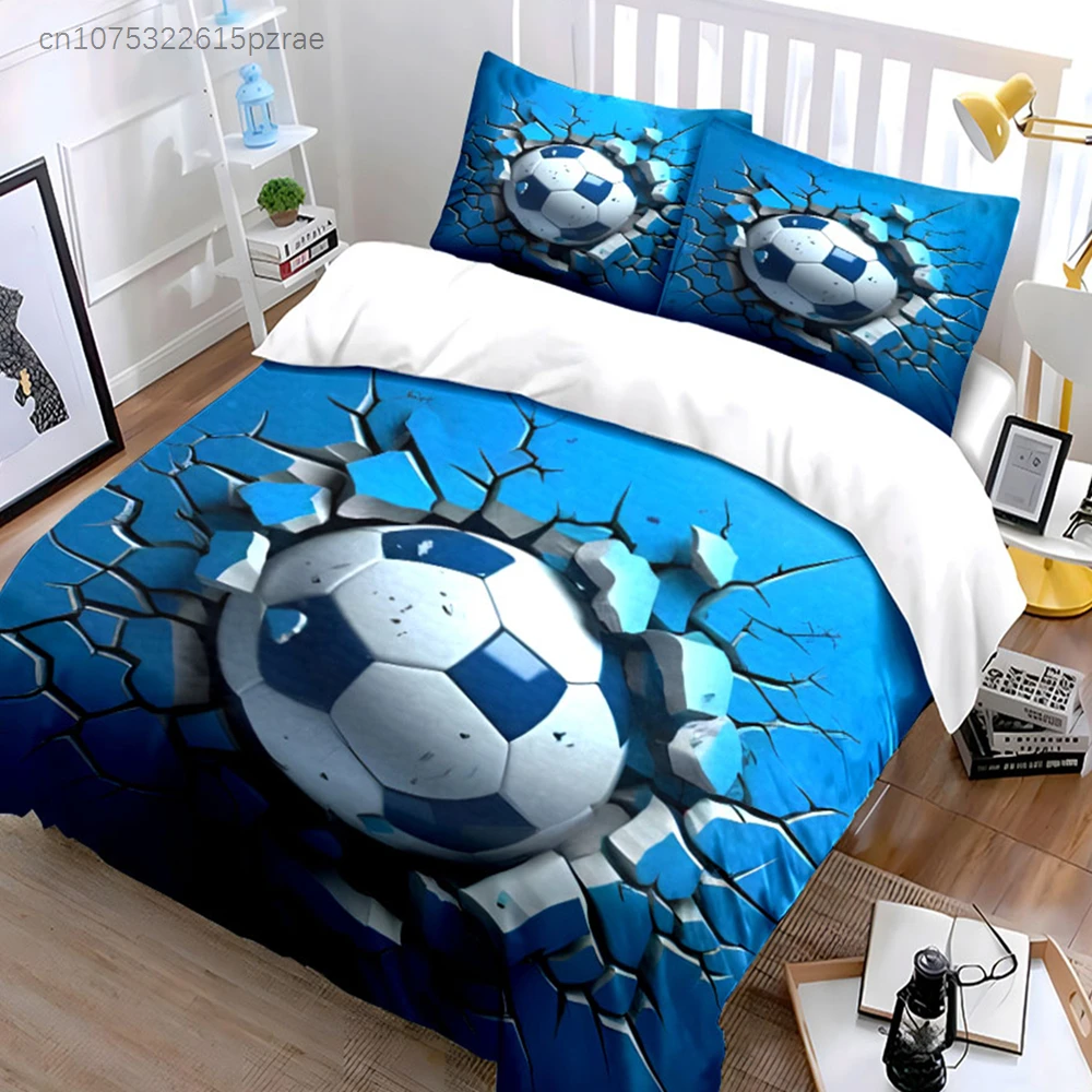 Cool 3D Soccer Ball Breaking Through Wall 3PCS Bedding Set Soft Microfiber Bedding Set For Football Fans & Boys Room Decor