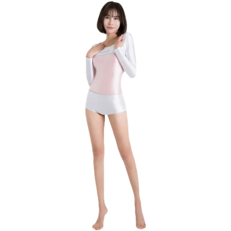 Satin Glossy Women One-piece Swimsuit Body Suits Silky Tights Shiny Sports Wetsuit Long Sleeve Bodysuit Plus Size Bathing Suits