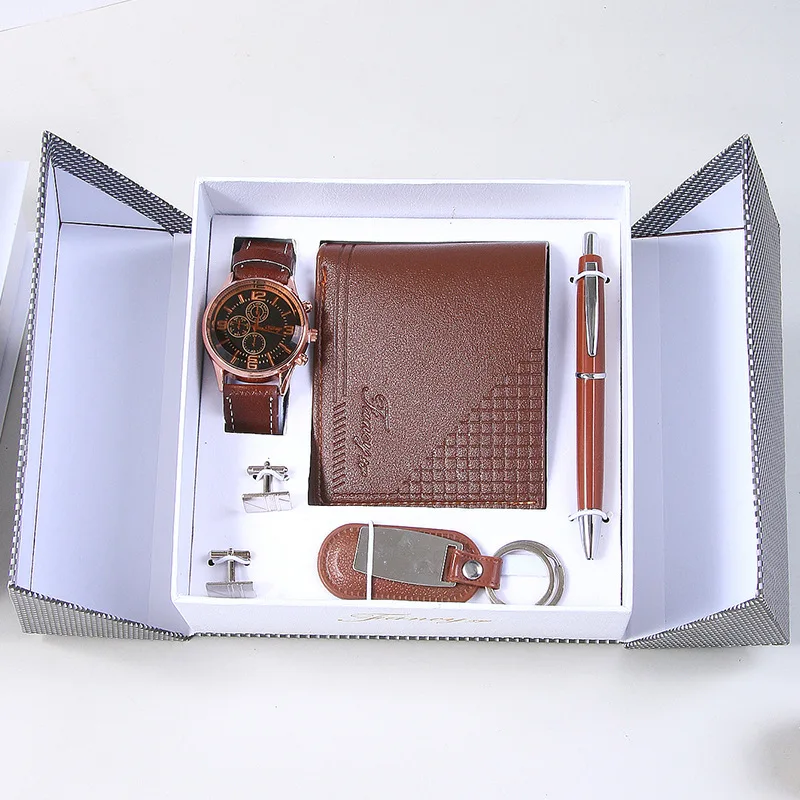 New Fashion Watch Men’s Gift Set Wallet Belt Keychain Cufflinks Ballpoint Pen Quartz Wristwatches Men Gift Box Gifts for Him