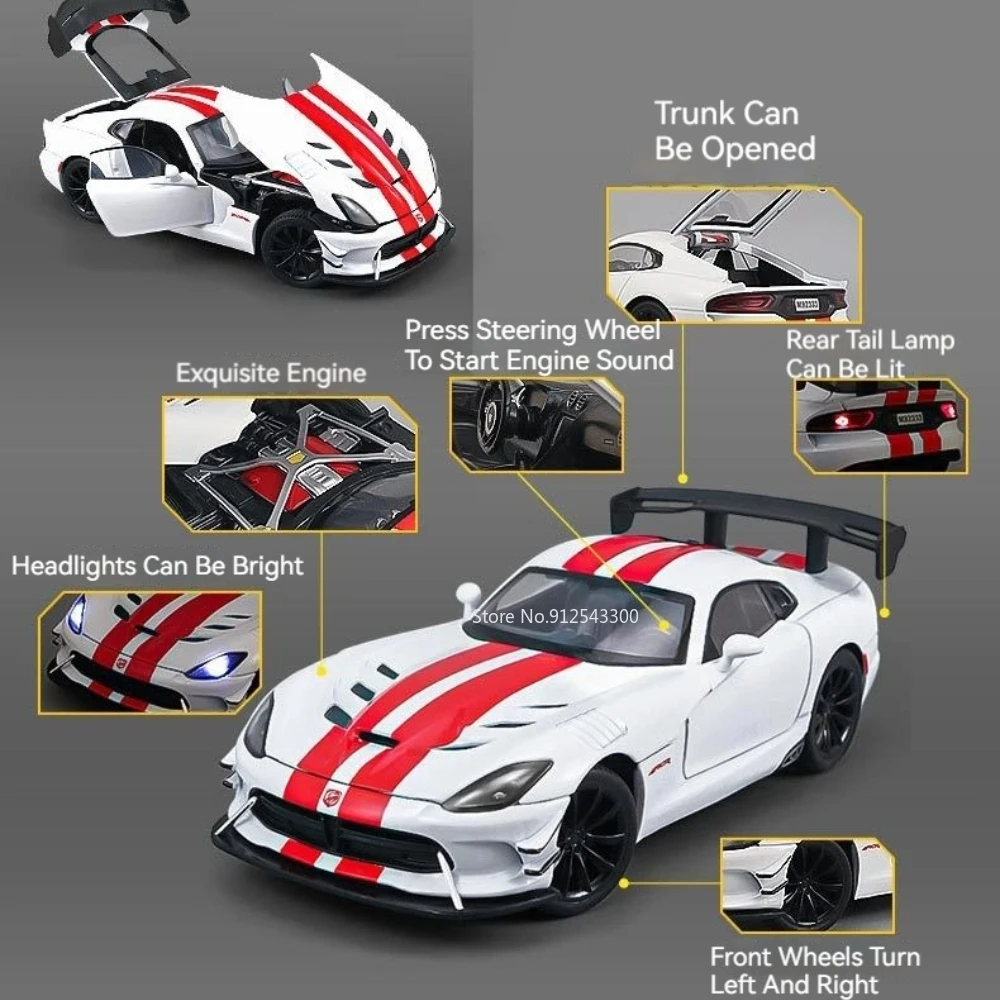 1:24 Viper Hellcat Sports Car Model Toy Alloy Diecast Sound Light Pull Back Wheel Steering Racing Cars Models Display Ornaments