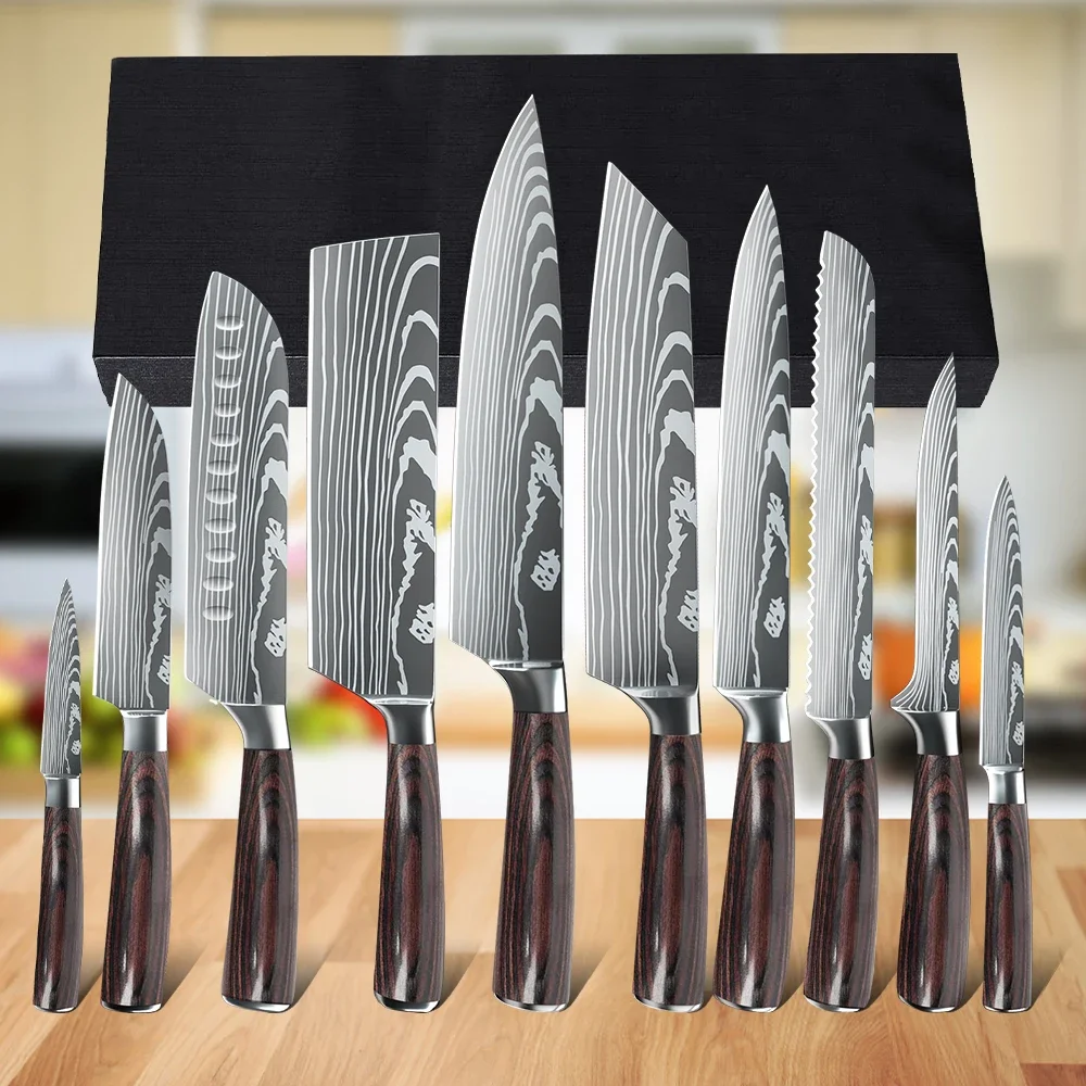 Kitchen Knife Set 3-10PCS Professional Chef Knife 7CR17 Germany Stainless Steel Damascus Laser Meat Cleaver Slicing Santoku